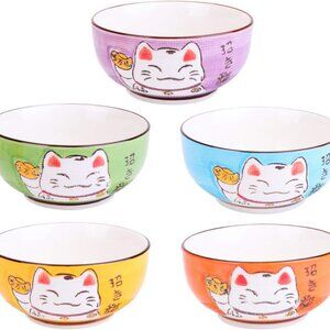 Yaoytec 5Pcs Ceramic Tableware Bowls Maneki Neko Bowl Lucky Cat